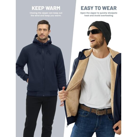 Mens Winter Hoodie Full Zip Fleece Sherpa Lined Warm Navy Casual Sweatshirt - Picture 3 of 6